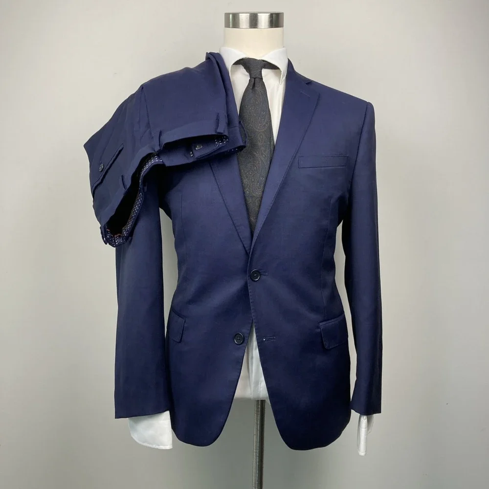 TALLIA Mens Wool 2-pc Suit 100%wool Size 42R 34x27.5 Navy Plaid Flat Front